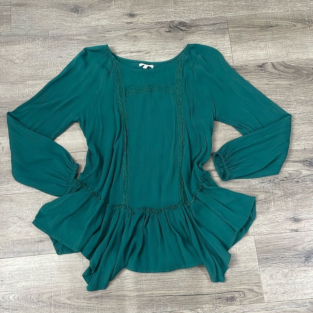 EUC Maurices Large Long Sleeve Flow Forest Green Peasant Blouse Shirt Wo…